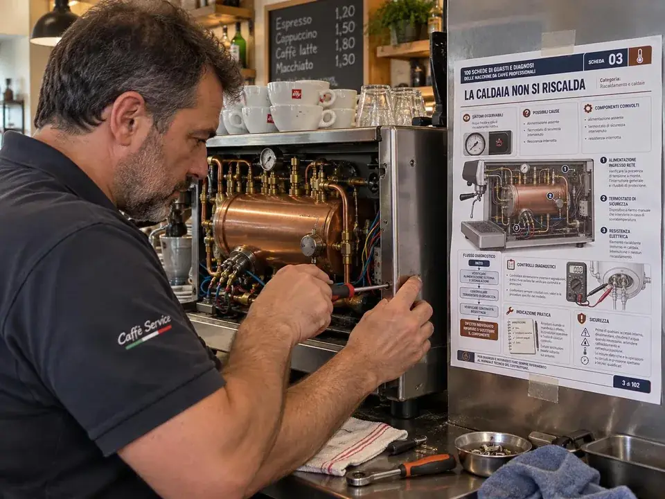Un tecnico ripara la caldaia seguendo la scheda 03 appesa accanto