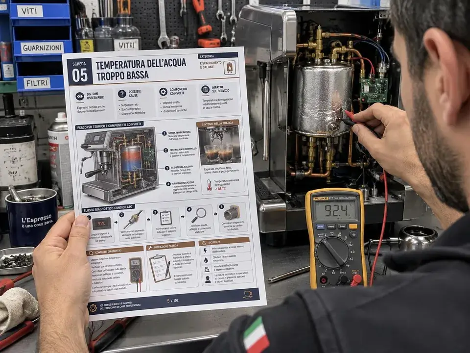 Un tecnico misura la temperatura con la scheda 05 in mano