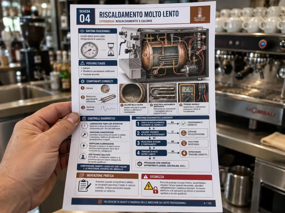 Una mano tiene la scheda 04 stampata davanti a una macchina da caffè